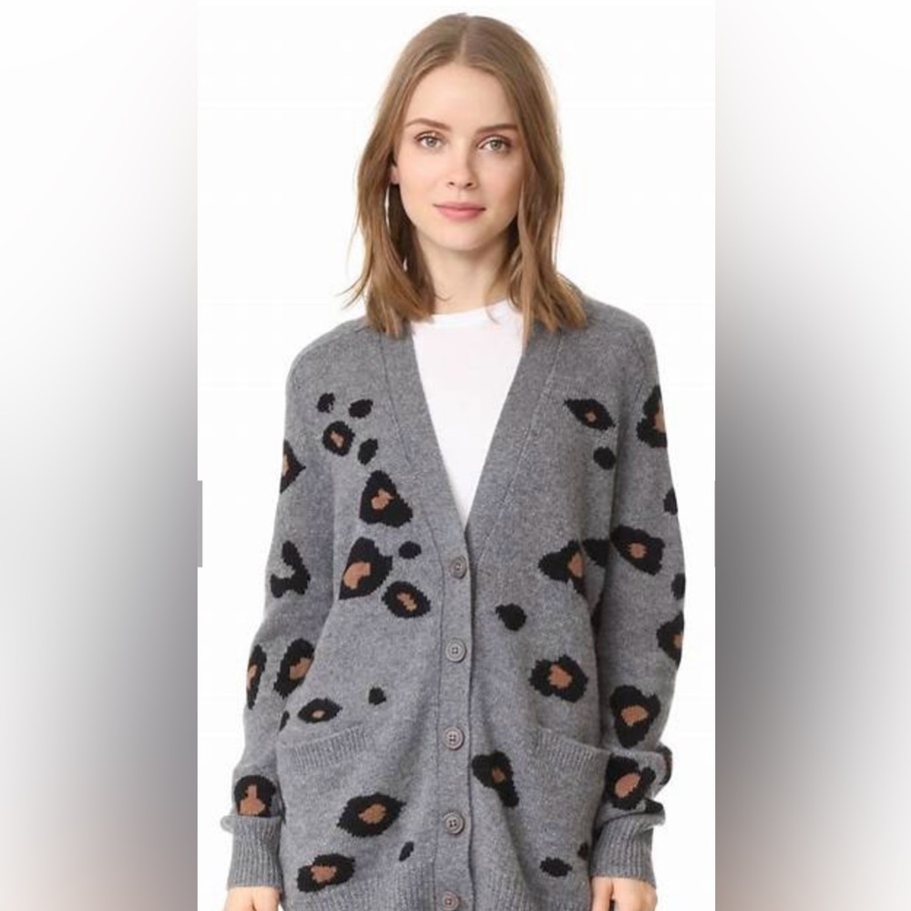 360 Cashmere Gray Leopard Print Cashmere Cardigan with Black and Brown Spots